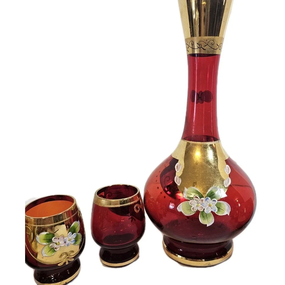 Vtg Bohemian Ruby Red Gold Hand Painted Florals Decanter Set W/ 6 Shot Glasses
